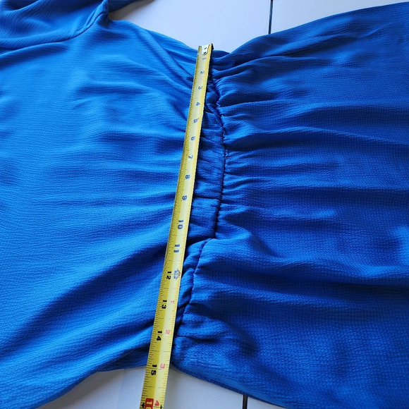 NWT BTFBM Blue Turquoise 3/4 Sleeve Satin Mini Stretch Dress A-Line Ruffle Hem L - Picture 12 of 16